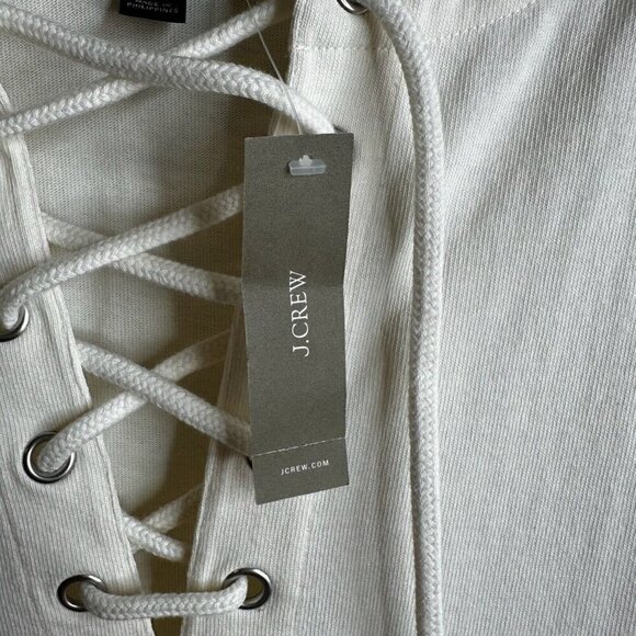 J Crew Shirt Dress Sz XS Ivory Lace Up Balloon Sleeve Cotton Boho Coastal Preppy - Picture 7 of 13